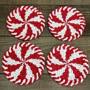 Handcrafted Crochet Peppermint Coasters Christmas Holiday Set of 4 Cotton
